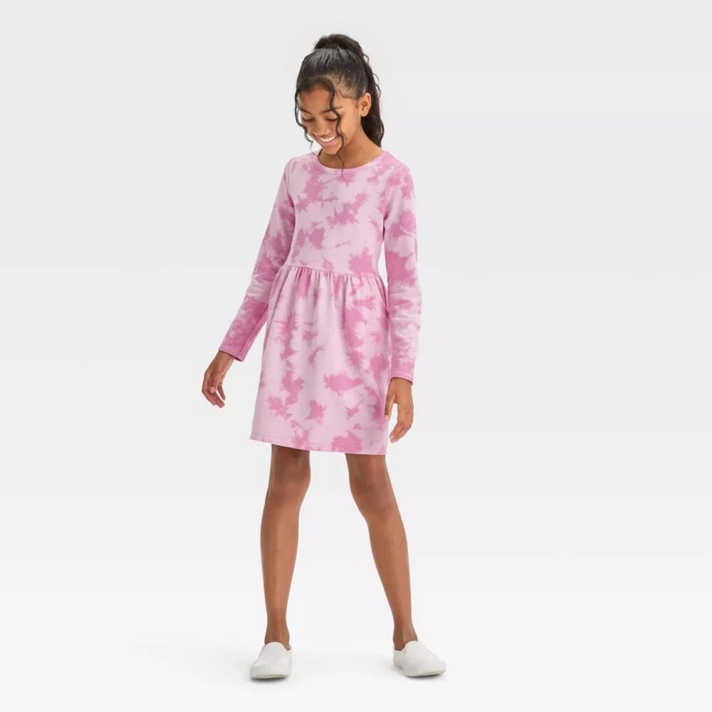 Cat & Jack - Girls' Long Sleeve French Terry Tie-Dye Dress - Magenta Wash - Picture 3 of 9